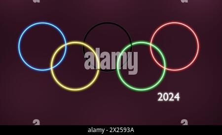 Anneaux de néon Olympiques dans une illustration de fond rouge foncé. Logo au néon Paris 2024. Banque D'Images