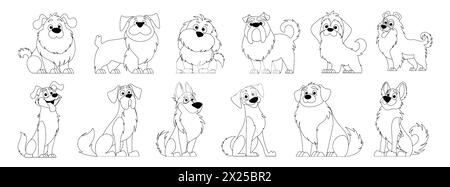 Ensemble vecteur de chiens mignons dans le style lineart. Personnages de dessins animés de chiens ou de chiots créer une collection avec différentes races. Ensemble de drôles d'animaux. Illustration de Vecteur