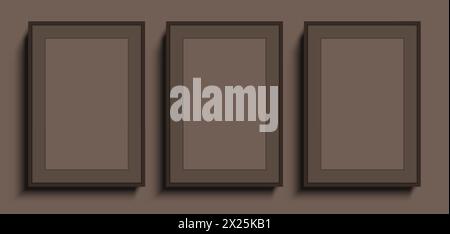 3 cadres d'affiche vierges beiges accrochés sur le fond du mur. Maquette vectorielle de galerie d'affiches pour le placement d'art, d'image ou de texte. Illustration de Vecteur