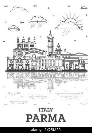 Aperçu Parme Italie Skyline avec bâtiments historiques et réflexions isolées sur blanc. Illustration vectorielle. Paysage urbain de Parme avec monuments. Illustration de Vecteur