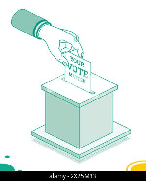 Concept de vote. Hand place le bulletin de vote dans la boîte de vote. Illustration vectorielle. Concept d'élection isométrique avec urne. Le bulletin de vote comporte le message suivant: Illustration de Vecteur