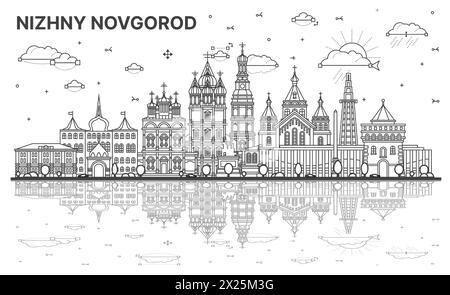 Contour Nijni Novgorod la ligne d'horizon de la ville de Russie avec des bâtiments modernes et historiques et des reflets isolés sur blanc. Illustration vectorielle. Illustration de Vecteur