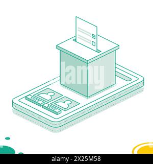 Concept isométrique de vote en ligne et d'élection à l'aide du smartphone. Illustration vectorielle. Smartphone avec vote à l'écran. Les gens votent en ligne en utilisant mobil Illustration de Vecteur