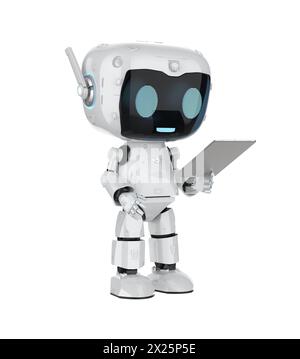 rendu 3d mignon et petit robot assistant personnel d'intelligence artificielle avec tablette numérique Banque D'Images