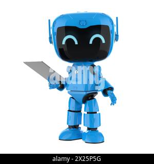 rendu 3d mignon et petit robot assistant personnel d'intelligence artificielle avec tablette numérique Banque D'Images