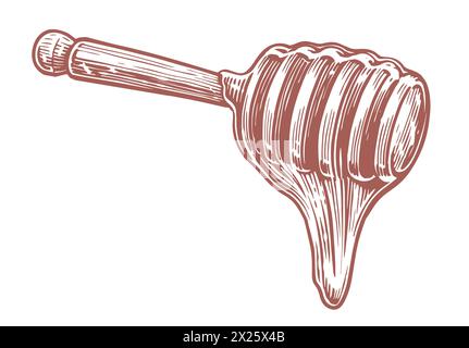 Miel coulant vers le bas de la benne en bois. Cuillère en bois de sirop collant. Illustration vectorielle d'esquisse de produit d'abeille Illustration de Vecteur