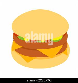 Hamburger avec ketchup, moutarde et tranches de concombre icône dans le style plat de dessin animé. Petit pain simple et double côtelette. Illustration vectorielle isolée sur BA blanc Illustration de Vecteur