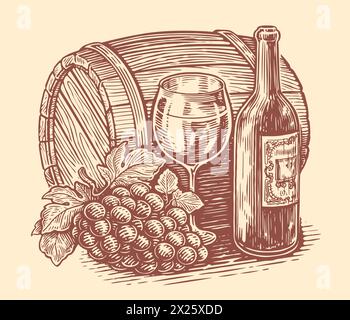 Concept de boisson au vin. Illustration vectorielle vintage dessinée à la main. Cave, vignoble Illustration de Vecteur