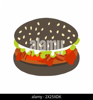 Hamburger avec pain foncé, escalope de bœuf, bacon coupé, ketchup, sauce Mayo, tranches de tomates fraîches et feuille de salade. Icône dans le style plat de dessin animé. Illustration vectorielle Illustration de Vecteur