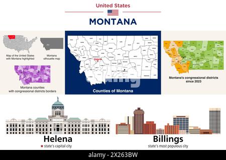 Carte des comtés du Montana et carte des districts du Congrès depuis 2023. Helena (capitale de l'État) et Billings (ville la plus peuplée de l'État). VEC Illustration de Vecteur