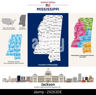 Carte des comtés du Mississippi et carte des districts du Congrès depuis 2023. Jackson Skyline (capitale de l'État et ville la plus peuplée). Ensemble de vecteurs Illustration de Vecteur