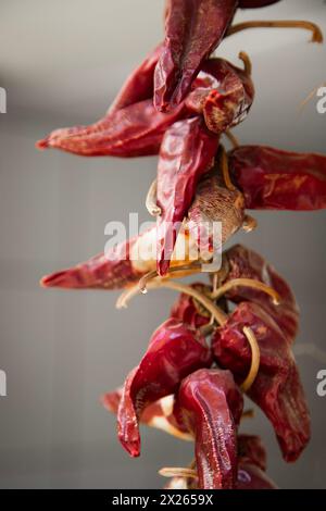 Des poivrons rouges séchés pendus sur un étal de marché Banque D'Images