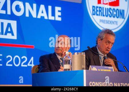 Roma, Italie. 20 avril 2024. Consiglio Nazionale Forza Italia al Hotel Parco dei Principi Roma. Nella foto Renato Schifani, Paolo Barelli- Roma, Italia - Sabato 20 Aprile 2024 (foto Valentina Stefanelli/LaPresse) Forza Italia Conseil National à l'Hôtel Parco dei Principi Rome. Sur la photo, le secrétaire Antonio Tajani lors de son discours et de l'annonce de sa candidature aux élections européennes - Rome, Italie - samedi 20 avril 2024 (photo Valentina Stefanelli/LaPresse) crédit : LaPresse/Alamy Live News Banque D'Images