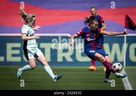 Barcelone, Espagne. 20 avril 2024. Lors d'un match de demi-finale de première manche de l'UEFA Champions League féminin entre le FC Barcelone et Chelsea Women à l'Estadi Olímpic Lluis Companys, à Barcelone, en Espagne, le 20 avril 2024. Photo de Felipe Mondino/Sipa USA crédit : Sipa USA/Alamy Live News Banque D'Images