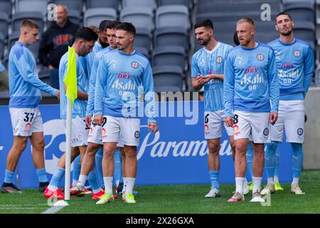 Sydney, Australie. 20 avril 2024. Les joueurs de Melbourne City s'échauffent avant le match de A-League Men Rd25 entre les Wanderers et Melbourne City au CommBank Stadium le 20 avril 2024 à Sydney, Australie crédit : IOIO IMAGES/Alamy Live News Banque D'Images