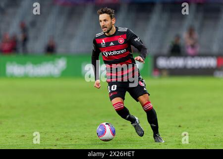 Sydney, Australie. 20 avril 2024. Miloš Ninković des Wanderers contrôle le ballon lors du match de A-League Men Rd25 entre les Wanderers et Melbourne City au CommBank Stadium le 20 avril 2024 à Sydney, Australie crédit : IOIO IMAGES/Alamy Live News Banque D'Images