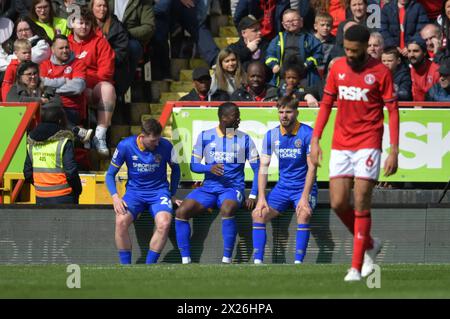 Londres, Angleterre. 20 avril 2024. Shrewsbury Town célèbre après que Daniel Udoh marque lors du match Sky Bet EFL League One entre Charlton Athletic et Shrewsbury Town. Kyle Andrews/Alamy Live News Banque D'Images