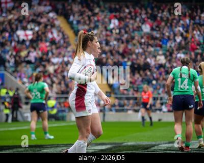 Londres, Royaume-Uni. 20 avril 2024. Twickenham Stadium, Londres, 20 avril 2024 : Jess Breach (England 11) célèbre son essai dans le match entre l'Angleterre et l'Irlande dans le Championnat féminin des six Nations au Twickenham Stadium, Londres, le 20 avril 2024 (Claire Jeffrey/SPP) crédit : SPP Sport Press photo. /Alamy Live News Banque D'Images