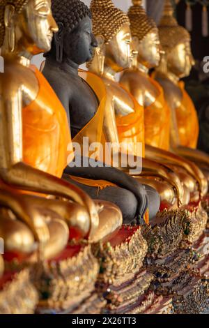 Statues dorées de Bouddha (Bhumispara-mudra : Bouddha Gautama au moment des lumières), Wat Pho, Bangkok, Thaïlande Banque D'Images