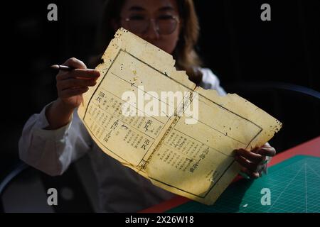 (240420) -- CHANGCHUN, 20 avril 2024 (Xinhua) -- Zhang Hua, restaurateur de livres anciens à la bibliothèque de l'Université de Jilin, observe les dommages causés aux pages d'un livre ancien avant sa restauration à la bibliothèque de l'Université de Jilin à Changchun, dans la province de Jilin au nord-est de la Chine, le 19 avril 2024. L'Université Jilin possède une collection de près de 400 000 livres anciens dans sa bibliothèque. Selon Zhang Qi, restaurateur de livres anciens à la bibliothèque de l'Université de Jilin, l'école effectue des travaux de restauration de livres anciens depuis les années 1950, qui n'ont jamais été interrompus pour décade Banque D'Images