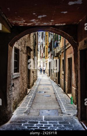 Ruelle de la vieille ville, ville portuaire Piran sur la côte Adriatique avec flair vénitien, Slovénie, Piran, Slovénie Banque D'Images