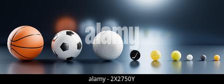 Collection de ballons de sport dans une rangée de différentes tailles rendu 3D. Banque D'Images