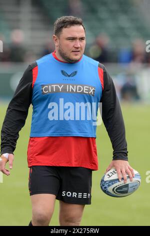 Jamie George des Saracens lors de l'échauffement au Gallagher Premiership Rugby match entre Saracens et Gloucester au StoneX Stadium, Londres, Angleterre le 20 avril 2024. Photo de Phil Hutchinson. Utilisation éditoriale uniquement, licence requise pour une utilisation commerciale. Aucune utilisation dans les Paris, les jeux ou les publications d'un club/ligue/joueur. Crédit : UK Sports pics Ltd/Alamy Live News Banque D'Images