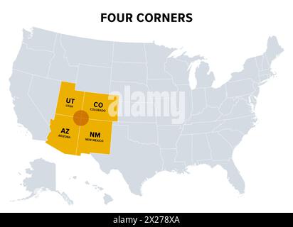 Four Corners, une région du sud-ouest des États-Unis, carte politique. Seule région des États-Unis où quatre états partagent un point frontière. Banque D'Images