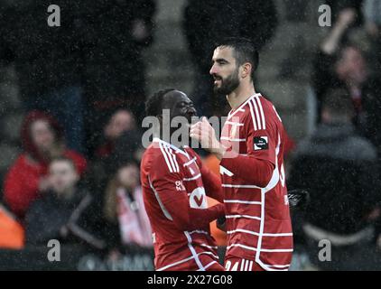 Westerlo, Belgique. 20 avril 2024. Konstantinos Laifis de Standard célèbre après avoir marqué lors d'un match de football entre le KVC Westerlo et le Standard de Liège, samedi 20 avril 2024 à Westerlo, le 4e jour (sur 10) des Play-offs européens de la première division 'Jupiler Pro League' 2023-2024 du championnat belge. BELGA PHOTO JOHN THYS crédit : Belga News Agency/Alamy Live News Banque D'Images