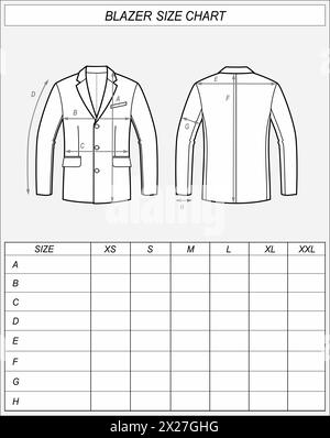 Tableau des tailles Blazer. Veste professionnelle croquis devant et dos. Mesures des vêtements. Maquette CAD homme. Modèle de dessin technique illustration vectorielle Illustration de Vecteur