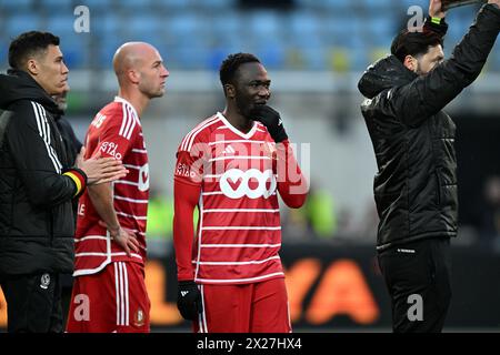 Westerlo, Belgique. 20 avril 2024. Gilles Dewaele de Standard et Seydou fini de Standard photographiés lors d'un match de football entre le KVC Westerlo et le Standard de Liège, samedi 20 avril 2024 à Westerlo, le jour 4 (sur 10) des Play-offs européens de la première division 'Jupiler Pro League' 2023-2024 du championnat belge. BELGA PHOTO JOHN THYS crédit : Belga News Agency/Alamy Live News Banque D'Images