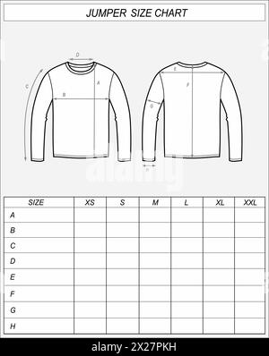 Tableau des tailles de cavaliers. Croquis de sweat-shirt à l'avant et à l'arrière. Mesures des vêtements. Maquette CAD homme. Modèle de dessin technique illustration vectorielle. Illustration de Vecteur