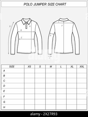 Tableau des tailles de pull polo. Croquis de sweat-shirt à l'avant et à l'arrière. Mesures des vêtements. Maquette CAD femme. Modèle de dessin technique. Illustration vectorielle. Illustration de Vecteur