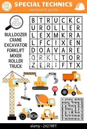 Puzzle de recherche de mots de chantier de construction de vecteur pour les enfants. Quiz de recherche de mot simple avec voiture, camion, excavatrice, bulldozer, grue de levage pour enfants. Mignon e Illustration de Vecteur