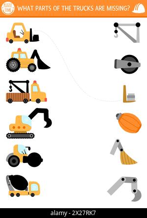Activité d'appariement de l'ombre du chantier de construction avec des techniques spéciales et des pièces manquantes. Match silhouette jeu, feuille de travail imprimable. Réparation de la page ou Illustration de Vecteur
