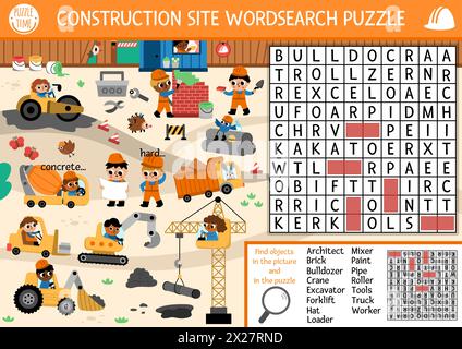 Puzzle de recherche de mots vectoriels pour les enfants avec paysage de chantier de construction. Quiz de recherche de mots avec des travailleurs, des outils, des véhicules industriels. Jolie croix éducative Illustration de Vecteur