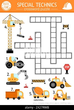 Puzzle de mots croisés de chantier de construction de vecteur pour les enfants. Quiz simple avec voiture, camion, excavatrice, bulldozer, grue de levage, chariot élévateur pour enfants. Mignon educ Illustration de Vecteur