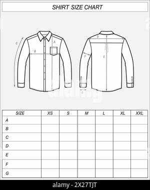 Tableau des tailles des chemises professionnelles. Croquis avant et arrière à l'usure classique. Mesures des vêtements. Maquette CAD homme. Modèle de dessin technique. Illustration vectorielle. Illustration de Vecteur