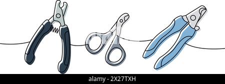 Kit de fournitures pour animaux de compagnie. Ciseaux pour le toilettage des animaux de compagnie, coupe-ongles pour animaux de compagnie illustration continue d'une ligne. Illustration linéaire vectorielle. Illustration de Vecteur