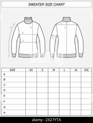 Tableau des tailles de chandails. Croquis à col roulé tricoté devant et derrière. Mesures des vêtements. Maquette CAD femme. Modèle de dessin technique illustration vectorielle Illustration de Vecteur