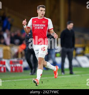 Wolverhampton, Royaume-Uni. 20 avril 2024. Jakub Kiwior d'Arsenal lors du match de premier League entre Wolverhampton Wanderers et Arsenal à Molineux, Wolverhampton, Angleterre, le 20 avril 2024. Photo de Stuart Leggett. Utilisation éditoriale uniquement, licence requise pour une utilisation commerciale. Aucune utilisation dans les Paris, les jeux ou les publications d'un club/ligue/joueur. Crédit : UK Sports pics Ltd/Alamy Live News Banque D'Images