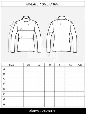 Tableau des tailles de col roulé. Croquis à col roulé à l'avant et à l'arrière. Mesures des vêtements. Maquette CAD femme. Modèle de dessin technique illustration vectorielle Illustration de Vecteur