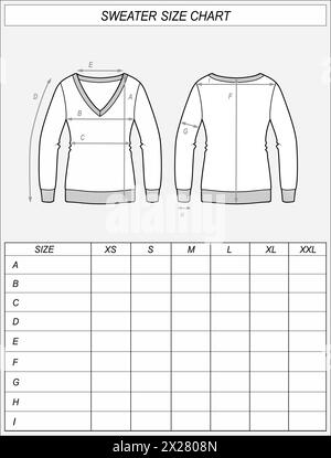 Tableau des tailles de pull tricoté. Croquis avant et arrière du pull. Mesures des vêtements. Maquette CAD femme. Modèle de dessin technique illustration vectorielle Illustration de Vecteur