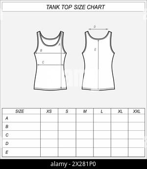 Tableau des tailles de dessus de réservoir. Croquis avant et arrière du singulet. Mesures des vêtements. Maquette CAD femme. Modèle de dessin technique. Illustration vectorielle Illustration de Vecteur