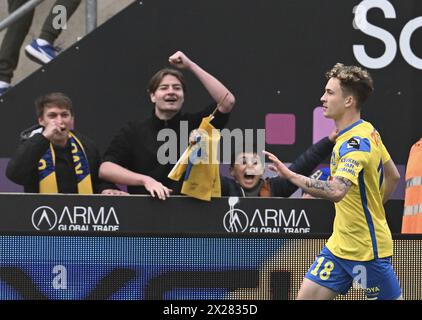 Westerlo, Belgique. 20 avril 2024. Griffin Yow de Westerlo célèbre après avoir marqué lors d'un match de football entre le KVC Westerlo et le Standard de Liège, samedi 20 avril 2024 à Westerlo, le 4e jour (sur 10) des Play-offs européens de la première division 'Jupiler Pro League' 2023-2024 du championnat belge. BELGA PHOTO JOHN THYS crédit : Belga News Agency/Alamy Live News Banque D'Images