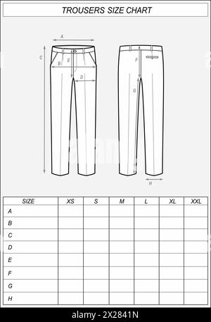 Tableau des tailles de pantalon. Croquis devant et derrière des pantalons d'affaires. Mesures des vêtements. Maquette CAD homme. Modèle de dessin technique. Illustration vectorielle Illustration de Vecteur