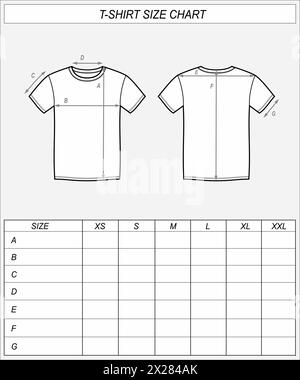 Tableau des tailles de tshirt. Croquis de t-shirt à l'avant et à l'arrière. Mesures des vêtements. Maquette CAD homme. Modèle de dessin technique illustration vectorielle Illustration de Vecteur