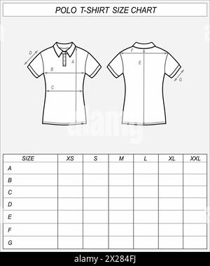 Tableau des tailles de t-shirt polo. Croquis de t-shirt à l'avant et à l'arrière. Mesures des vêtements. Maquette CAD femme. Modèle de dessin technique illustration vectorielle Illustration de Vecteur