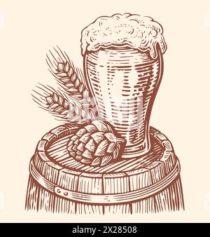 Verre de bière sur tonneau en bois. Brasserie, concept de pub de bière. Illustration vectorielle d'esquisse dessinée à la main Illustration de Vecteur