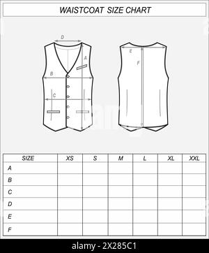 Tableau des tailles de gilet. Croquis avant et arrière du gilet professionnel. Mesures des vêtements. Maquette CAD homme. Modèle de dessin technique. Illustration vectorielle. Illustration de Vecteur